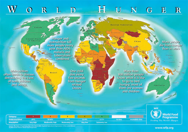 World Hunger Map of the world showing distribution of malnutrition